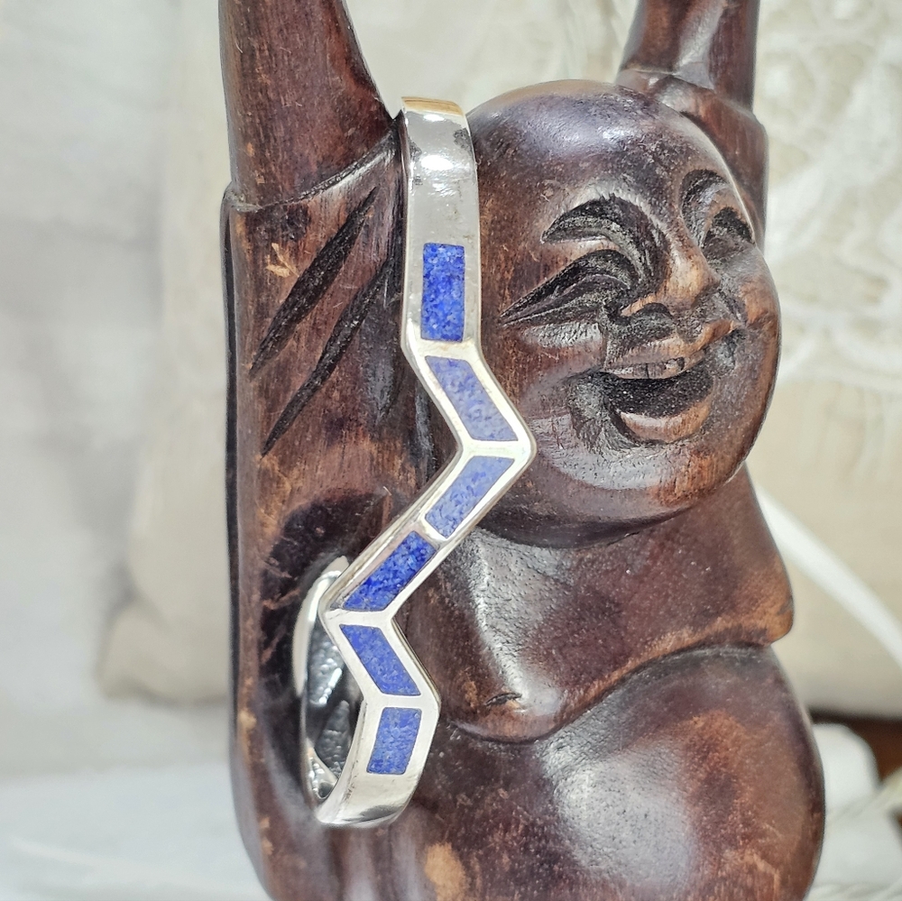 Vintage Coleman Co Walden Johnson Lapis 925 Silver Oval Zigzag Bracelet - Picture 4 of 11